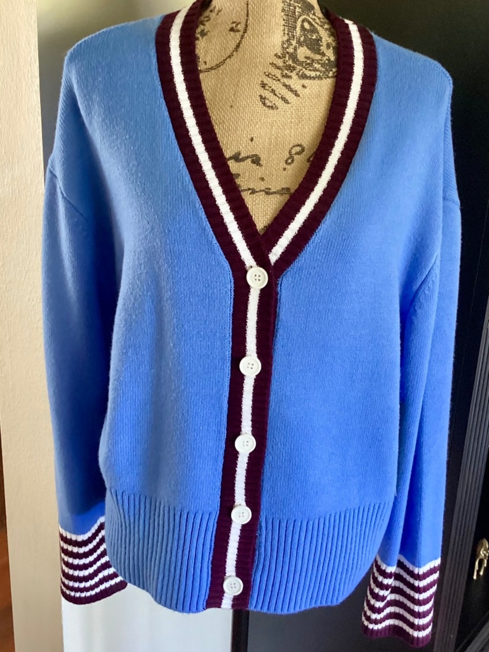 NWT French Connection Varsity Style Blue/Maroon/White Long Sleeve Cardigan Sz M